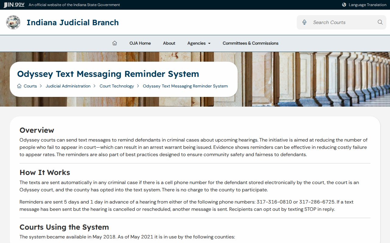 Indiana Odyssey court hearing reminder information